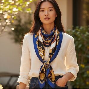 Bill Blass Vintage 100% Silk Scarf Blue Gold Baroque Chain Print